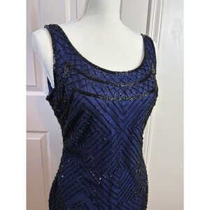 Laurence Kazan Black Blue Beaded Cocktail Wedding Attire Formal Short Dress -437
